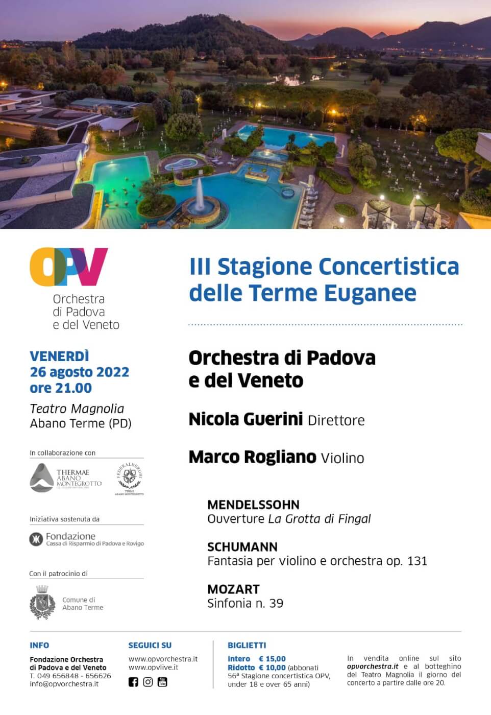 III Stagione Concertistica delle Terme Euganee – 26 agosto con l’Orchestra di Padova e del Veneto